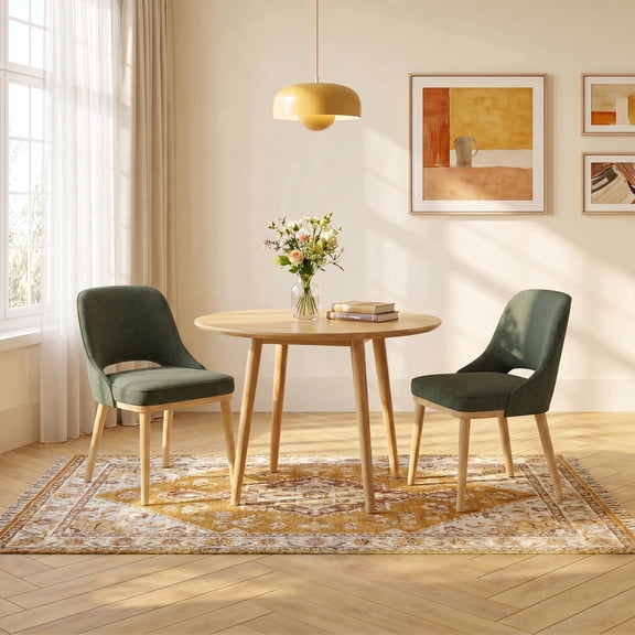 AFO Mid-Century Upholstered Dining Chair Set of 2, Modern Kitchen Desk Side Chair with Solid Wood Legs & Ergonomic Curved Back, For Dining Room, Kitchen & Restaurant, Green