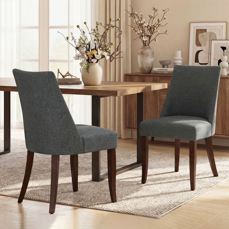 COLAMY Upholstered Dining Chairs Set of 2, Mid Century Modern Fabric Kitchen Chairs with 19.88" Seat Height and Wood Legs, Comfy Side Chairs, Dark Grey