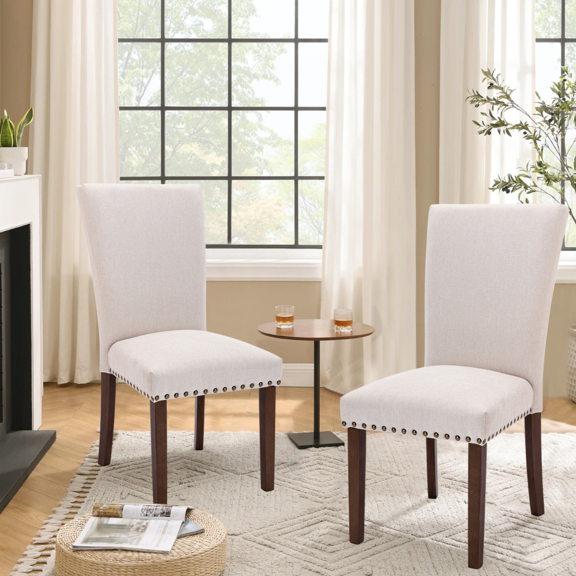 Beige Linen Upholstered Parsons Side Chair Set with Wood Legs