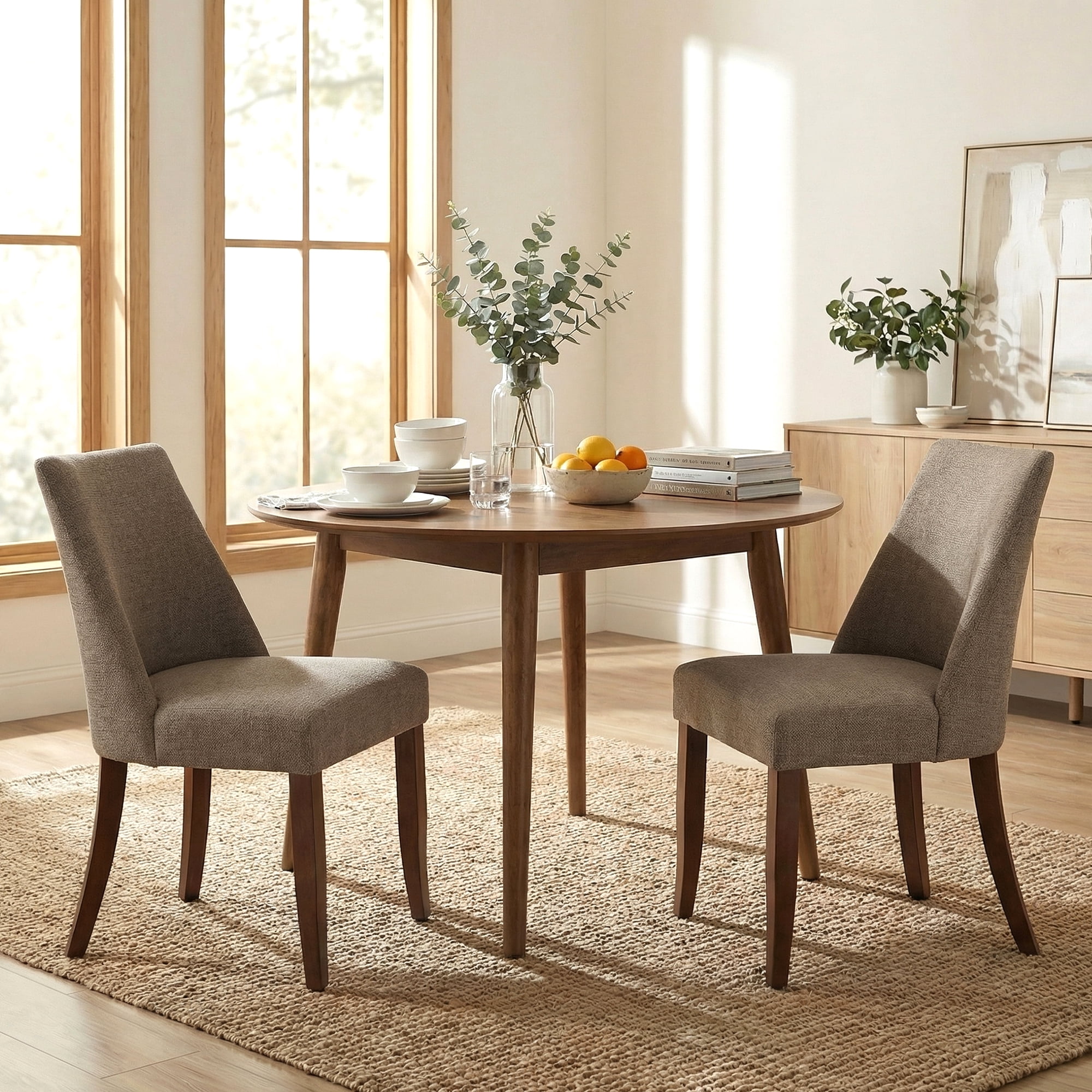 COLAMY Upholstered Dining Chairs Set of 2, Mid Century Modern Fabric Kitchen Chairs with 19.88" Seat Height and Wood Legs, Comfy Side Chairs, Brown