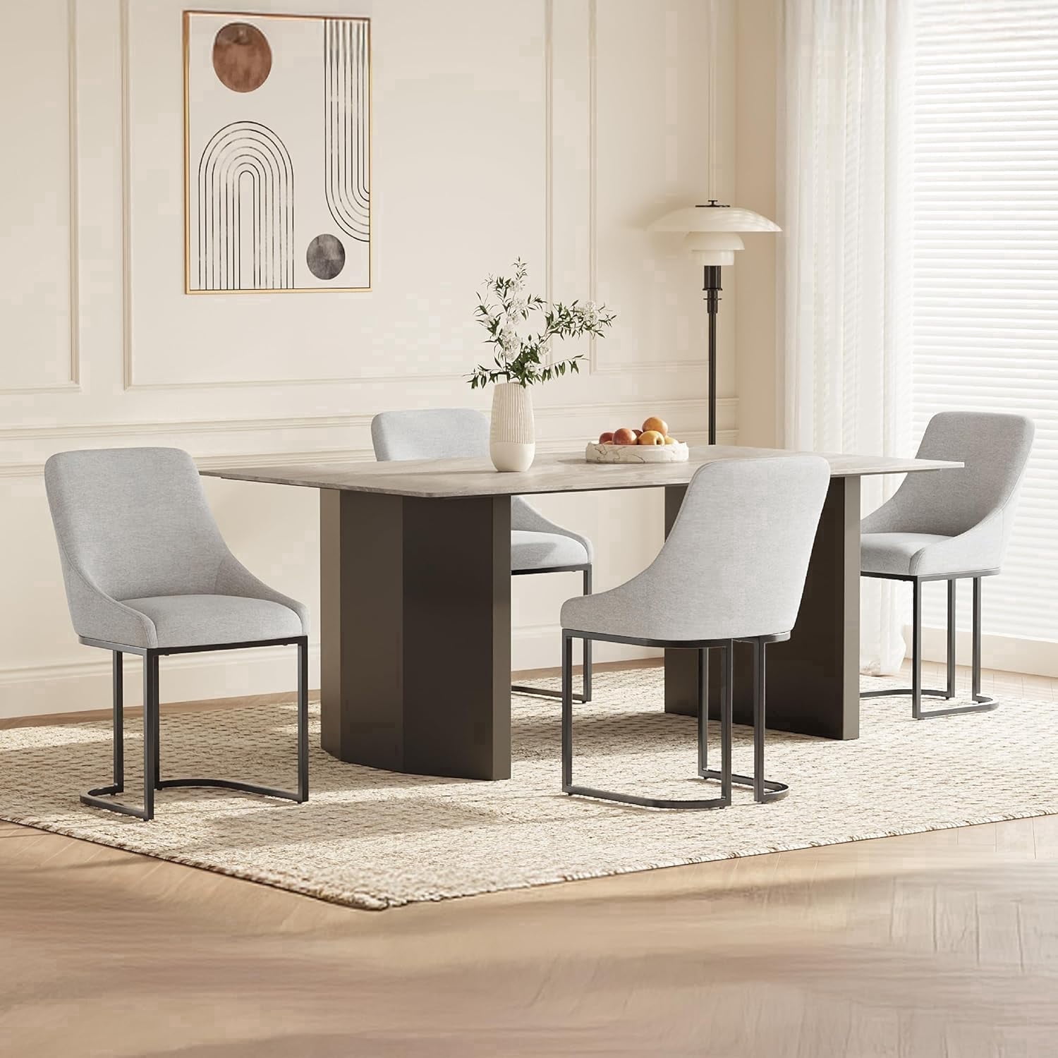 COLAMY Set of 4 Dining Chairs, Modern Upholstered Fabric Kitchen Chairs with U-Shaped Metal Legs, Armless Mid-Back Side Chairs for Home and Hotel, Light Gray