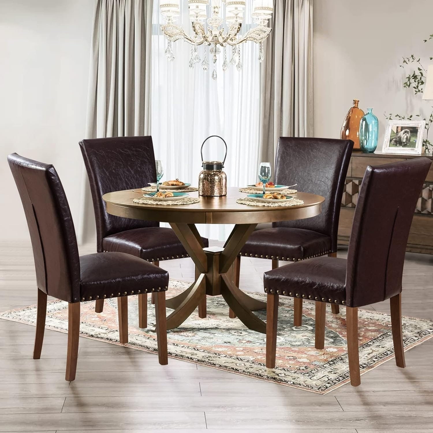 Dark Brown Upholstered Parsons Side Chair with Wood Legs