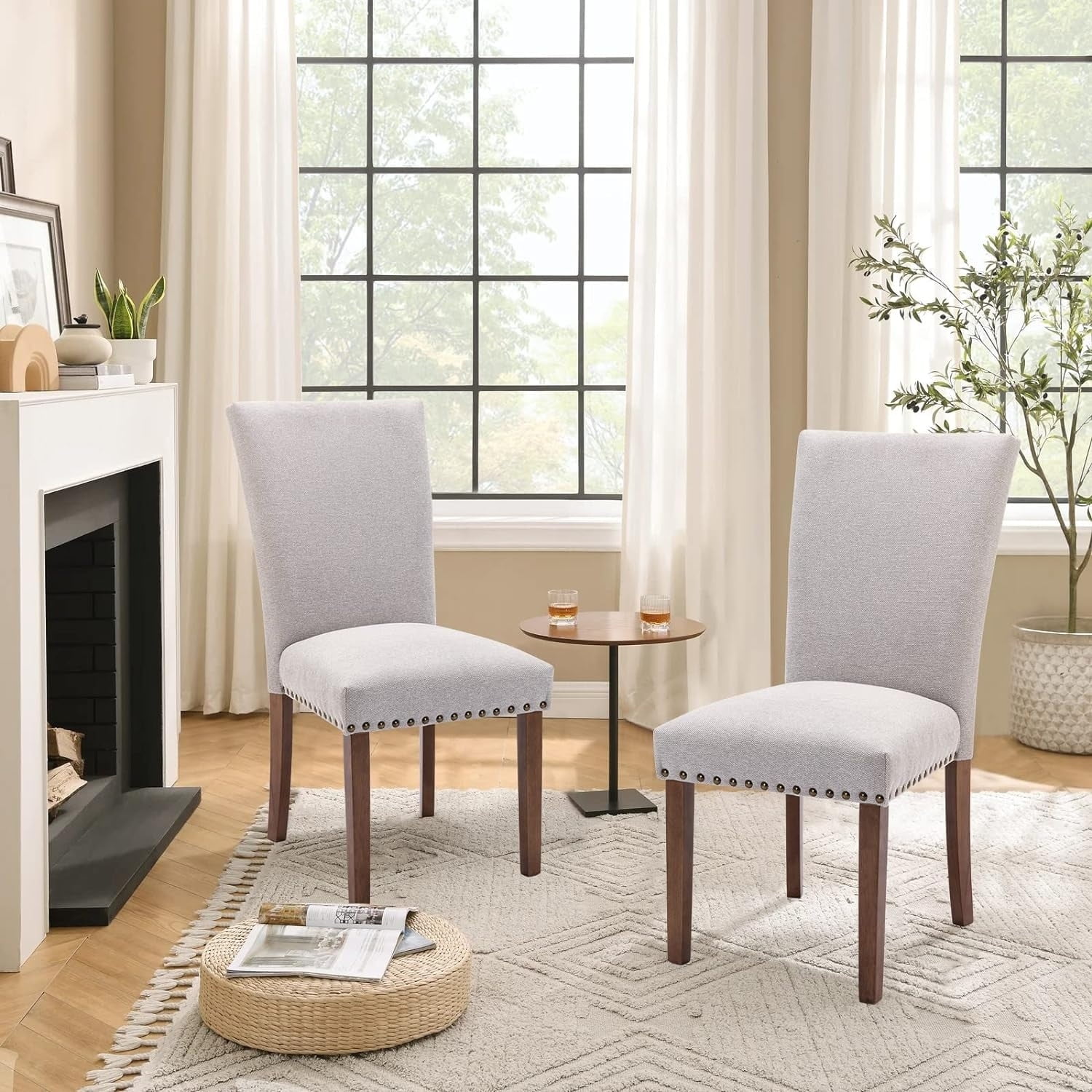 Light Gray Upholstered Parsons Side Chair with Wood Legs