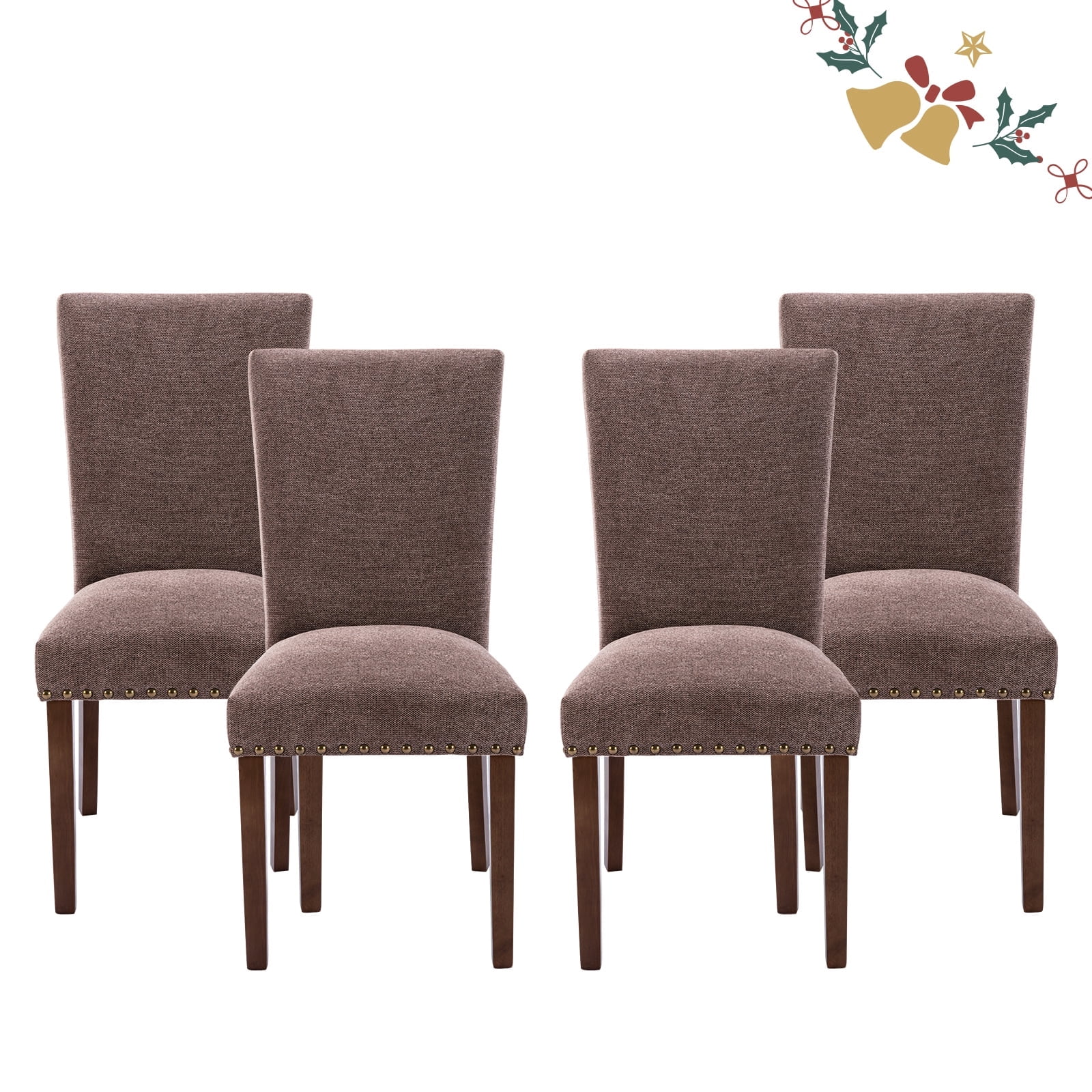 Brown Linen Upholstered Parsons Side Chairs with Wood Legs, Set of 4
