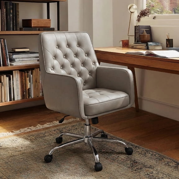 COLAMY Verso Home Desk Chair with Armrest, Leather Swivel Office Chair Adjustment Height with Wheels, Comfortable Padded Seat, Khaki