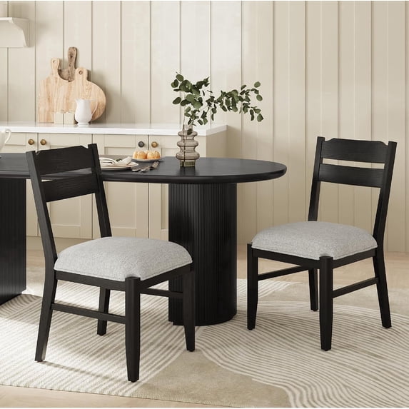 COLAMY ALVA Wooden Dining Chair with Fabric Upholstered Seat Set of 2, Modern Farmhouse Ladder Back Dining Room Chair, Solid Wood Transitional Kitchen Chair, Black