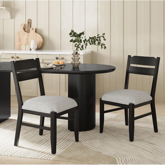 COLAMY ALVA Wooden Dining Chair with Fabric Upholstered Seat Set of 2, Modern Farmhouse Ladder Back Dining Room Chair, Solid Wood Transitional Kitchen Chair, Black