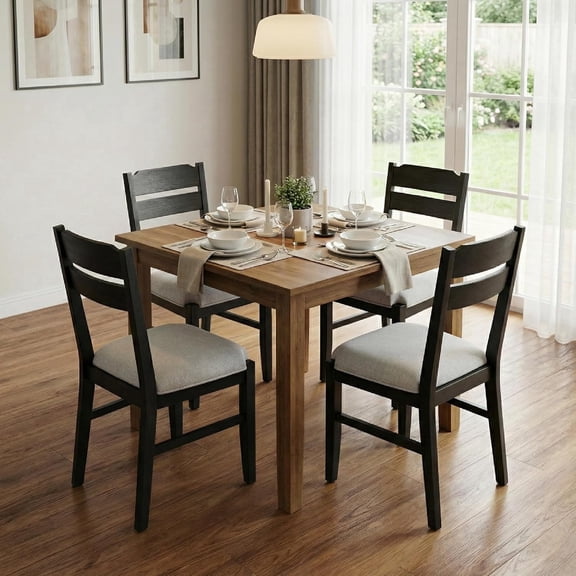 COLAMY ALVA Wooden Dining Chair with Fabric Upholstered Seat Set of 4, Modern Farmhouse Ladder Back Dining Room Chair, Solid Wood Transitional Kitchen Chair, Black