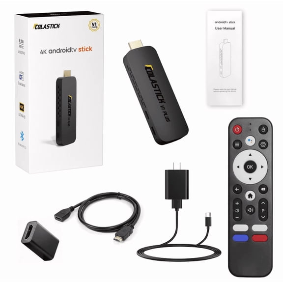 COLASTICK V1 Plus 4K UHD Streaming Media Player with Voice Remote Control, HDMI Extension Cable, HDMI Coupler Adapter, Power Adapter, USB Power Cable, User Manual