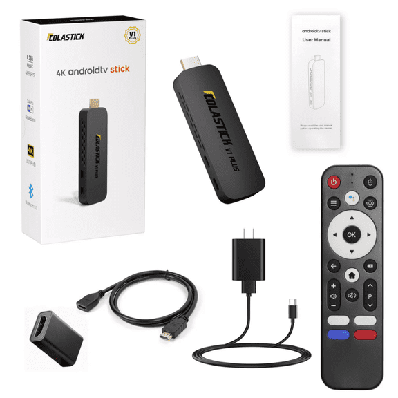 COLASTICK V1 Plus 4K UHD Streaming Media Player with Voice Remote Control, HDMI Extension Cable, HDMI Coupler Adapter, Power Adapter, USB Power Cable, User Manual
