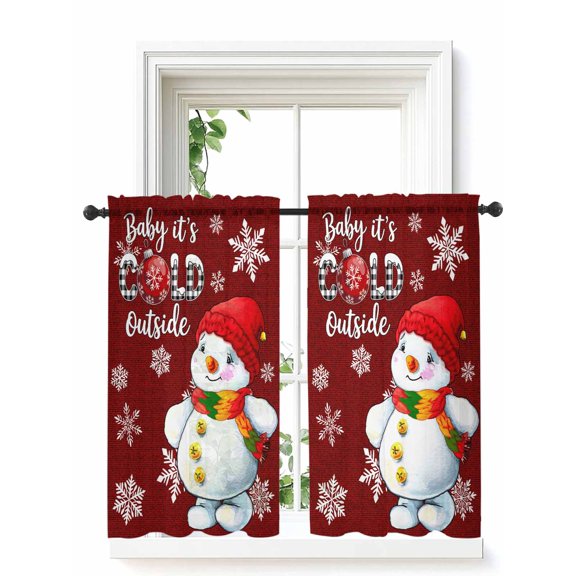 It's COLD Outside Curtains 54 Inch Length,Sheer Curtains for Bedroom Living Room Window Christmas Snowman Snowflakes Red New Year Voile Drapes Kitchen Curtains Small Half Window 42"x54" 2 Panels