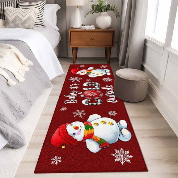 It's COLD Outside Runner Rug 2x6 FT,Non Slip Hallway Carpet,Christmas Snowman Snowflakes Red New Year Washable Floor Carpet Throw Runner Carpet Long Rug for Entryway Kitchen Bedside Sliding Door