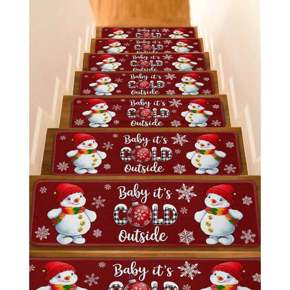 It's COLD Outside Stair Treads for Wooden Steps Indoor Runner Rug Carpet,Christmas Snowman Snowflakes Red New Year 10 Pieces Peel and Stick Staircase Step Treads Covers Washed Throw Door Mats,30"x8"