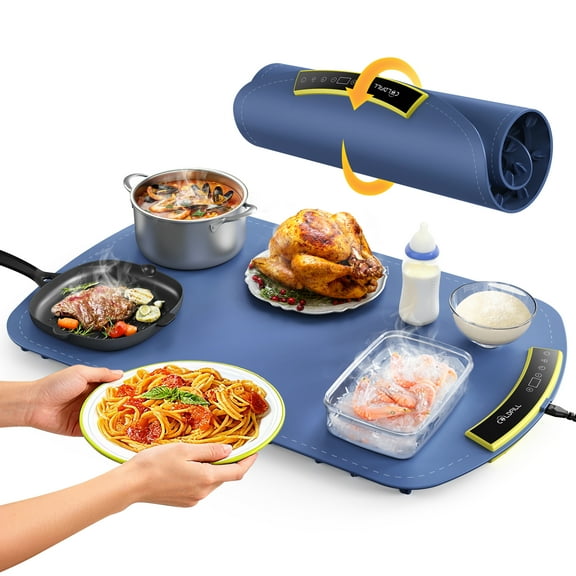 COLDFILL Food Warming Mat - 5s Fast Heating Silicone Electric Warming Tray with 8 Temp Setting, Roll Up Buffet Hot Plates Heat Pad, Portable Food Warmer for Parties Home Travel，Blue