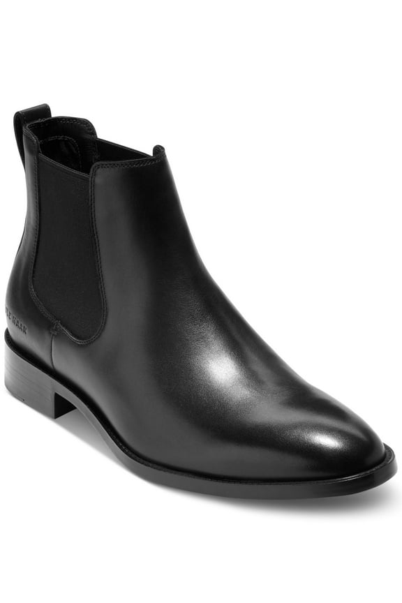 Mens Black Heel Pull-Tab Goring Cushioned Hawthorne Almond Toe Block Heel Leather Chelsea Boot 7.5 M