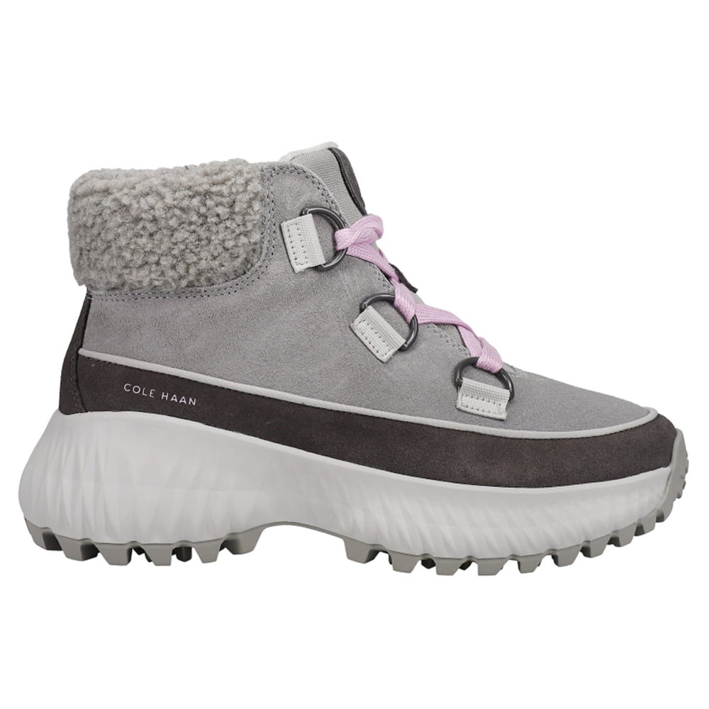 COLE HAAN Womens Gray Faux Shearling Cuff Waterproof Cushioned Zerogrand Flurry Round Toe Wedge Lace-Up Leather Hiking Boots 5.5 B
