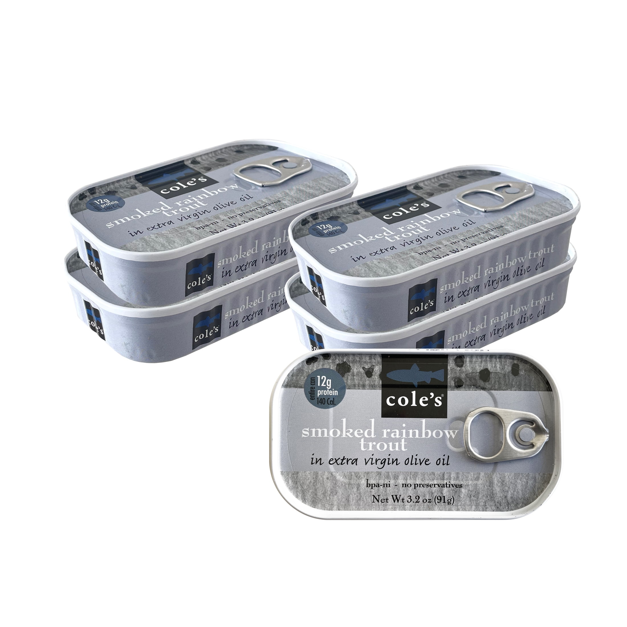 COLE'S CANNED SMOKED RAINBOW TROUT IN EXTRA VIRGIN OLIVE OIL Smoked Fish, Canned in Oil, Fish Fillet, High Protein - 3.2oz (5 Pack)