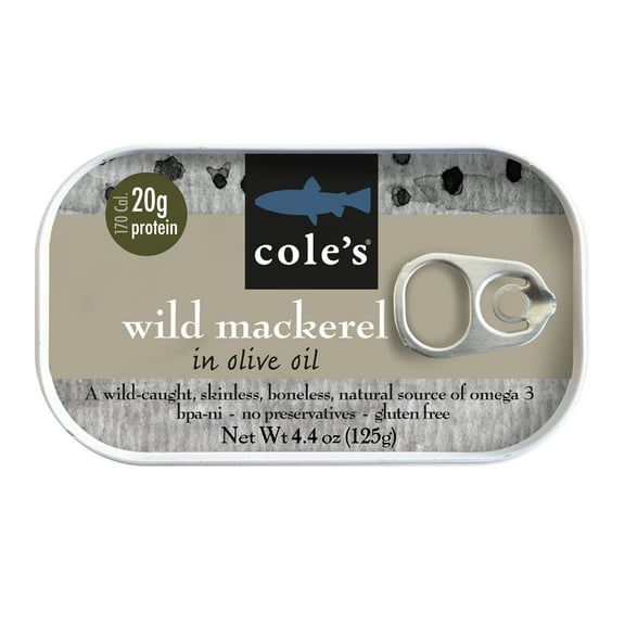 COLE'S WILD MACKEREL IN OLIVE OIL - Canned Fish, Skinless, Boneless, Small Atlantic Mackerel, Hand-Packed Seafood, Preservative & Gluten-Free - 4.4 oz (5 Pack)
