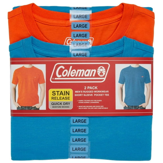 Coleman Men's Rugged Workwear Short Sleeve Pocket Tee, 2 Pack (Blue/Tangerine, XL)
