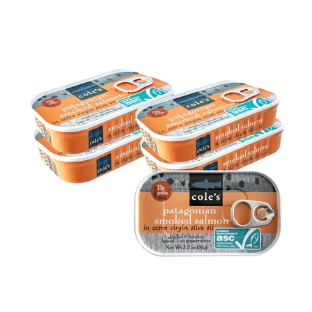 COLES CANNED SMOKED SALMON IN EXTRA VIRGIN OLIVE OIL - Canned Fish, High in Protein, Applewood Smoked, Preservative Free, Certified Sustainable Seafood, Hand-packed, Gluten-Free - 3.2 oz (5 Pack)