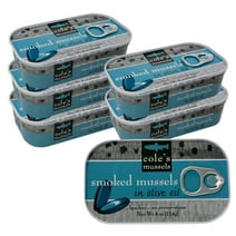COLES SMOKED MUSSELS CANNED IN EXTRA VIRGIN OLIVE OIL - Canned Mussels, High in Protein, Applewood Smoked, Hand-Packed Seafood, Gluten-Free - 4 oz (5 pack)