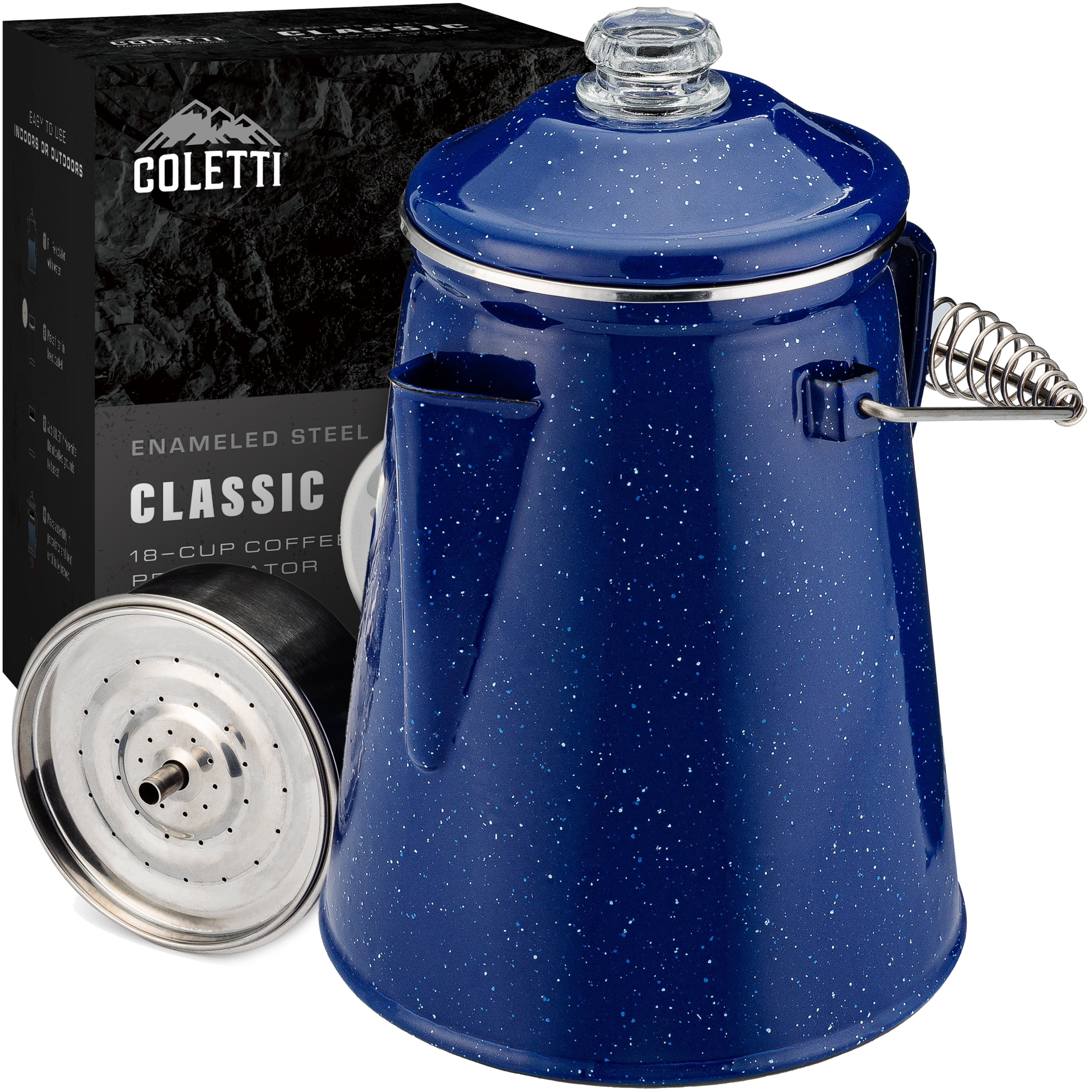 COLETTI Classic Percolator Coffee Pot — Camping Coffee Percolator, Campfire Coffee Pot – Camping Percolator for Groups — Brew for the Whole Campsite (Blue, 18 Cup)