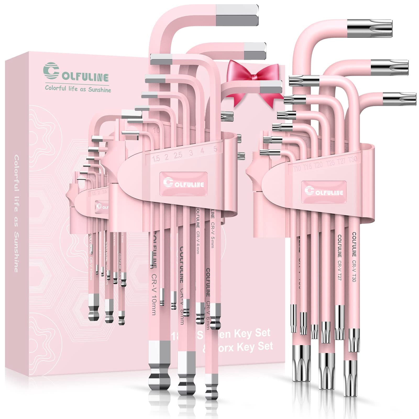 COLFULINE 9-Piece Pink Long Ball End Hex Key Set, Cr-V Allen Wrench Kit with Color-Coded Sizes (1.5-10mm) - Ideal Gift for Women, Perfect for Home Repair, DIY Projects, Bike & Furniture Maintenance