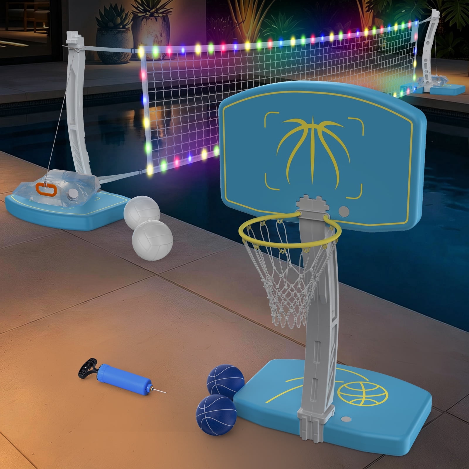 COLIKES 2-in-1 Pool Basketball Hoop Poolside and LED Volleyball Net Combo, Light up Adjustable Volleyball Net, Stainless Basketball Goal, Inground Swimming Water Sports Toy Games for Adults & Teens
