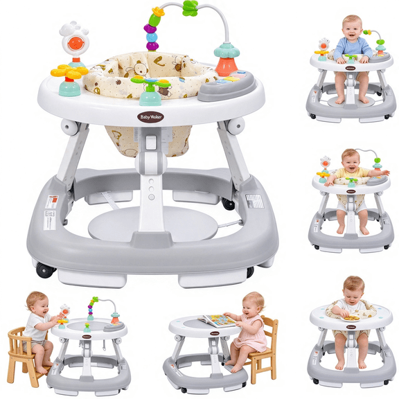 COLIKES 5 in 1 Foldable Baby Walker with Wheels, Activity Center for 6-18 Months Boys, 360 Swivel Seat, 3 Adjustable Height, Music, Light, Gray