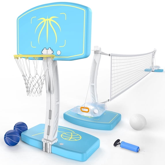 COLIKES Pool Basketball Hoop Poolside and Volleyball Set 2-in-1, Adjustable Volleyball Net for Pool, Water Basketball Goal, Sports Toy Games for Adults, Teens, Inground, Swimming