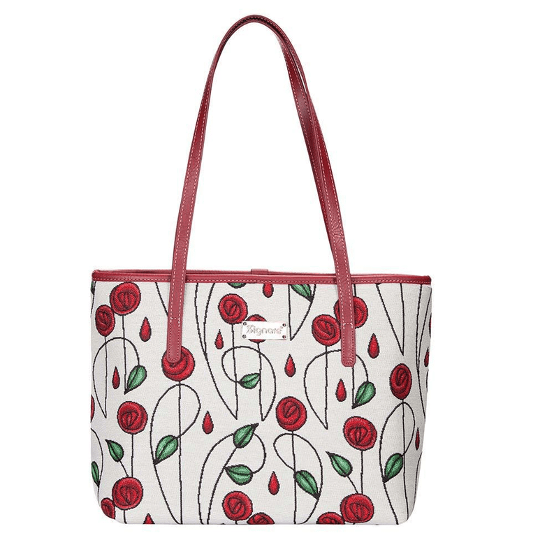 Red Rose Tapestry Shoulder Tote Bag with Faux Leather Trim