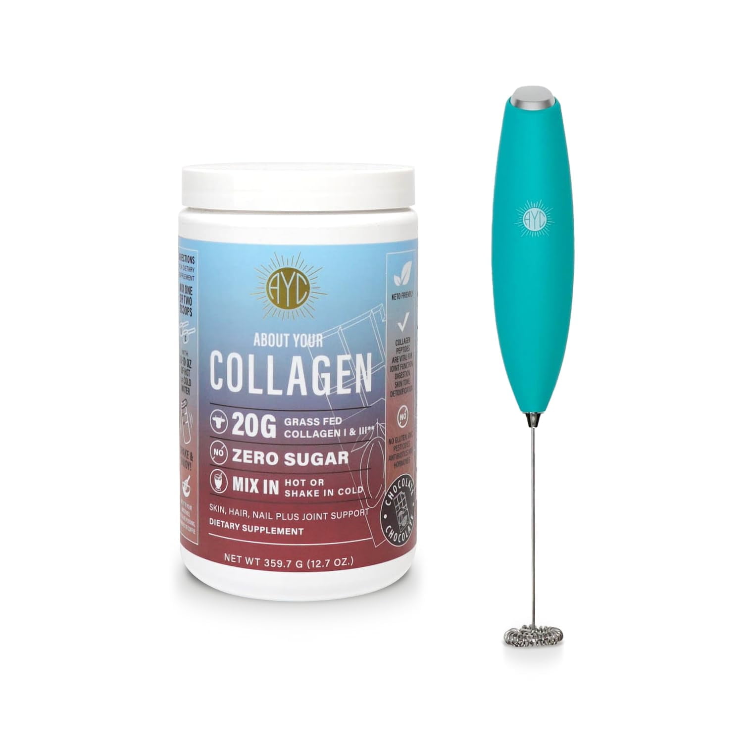 ABOUT YOUR COLLAGEN Chocolate Peptides Powder, Grass Fed Hydrolyzed Type 1&3 Collagen, Promotes Hair, Skin, Nails, Bones, Joint Health (30 Servings) (Chocolate + Mixer)