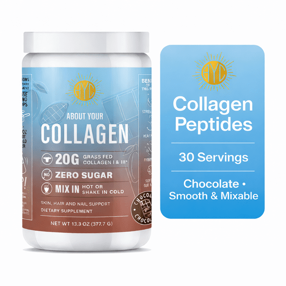 ABOUT YOUR COLLAGEN Chocolate Peptides Powder, Grass Fed Hydrolyzed Type 1&3 Collagen, Promotes Hair, Skin, Nails, Bones, Joint Health (30 Servings) (Chocolate)