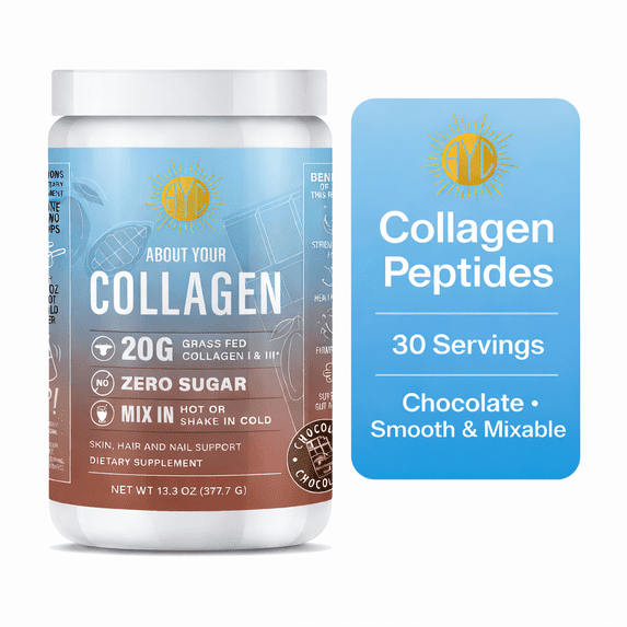 ABOUT YOUR COLLAGEN Chocolate Peptides Powder, Grass Fed Hydrolyzed Type 1&3 Collagen, Promotes Hair, Skin, Nails, Bones, Joint Health (30 Servings) (Chocolate)