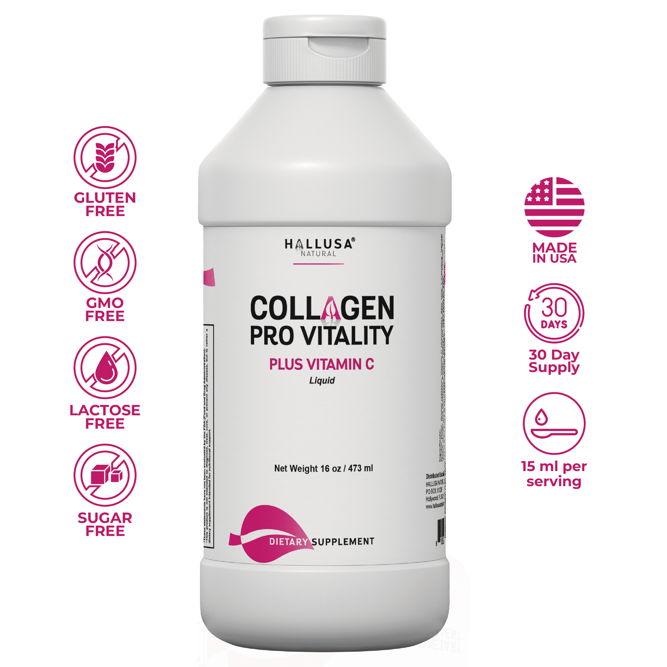 HALLUSA NATURAL Collagen Supplements with Vitamin C, Liquid Hydrolyzed Collagen 16oz for Hair, Skin, Nails, Bone & Joint Support