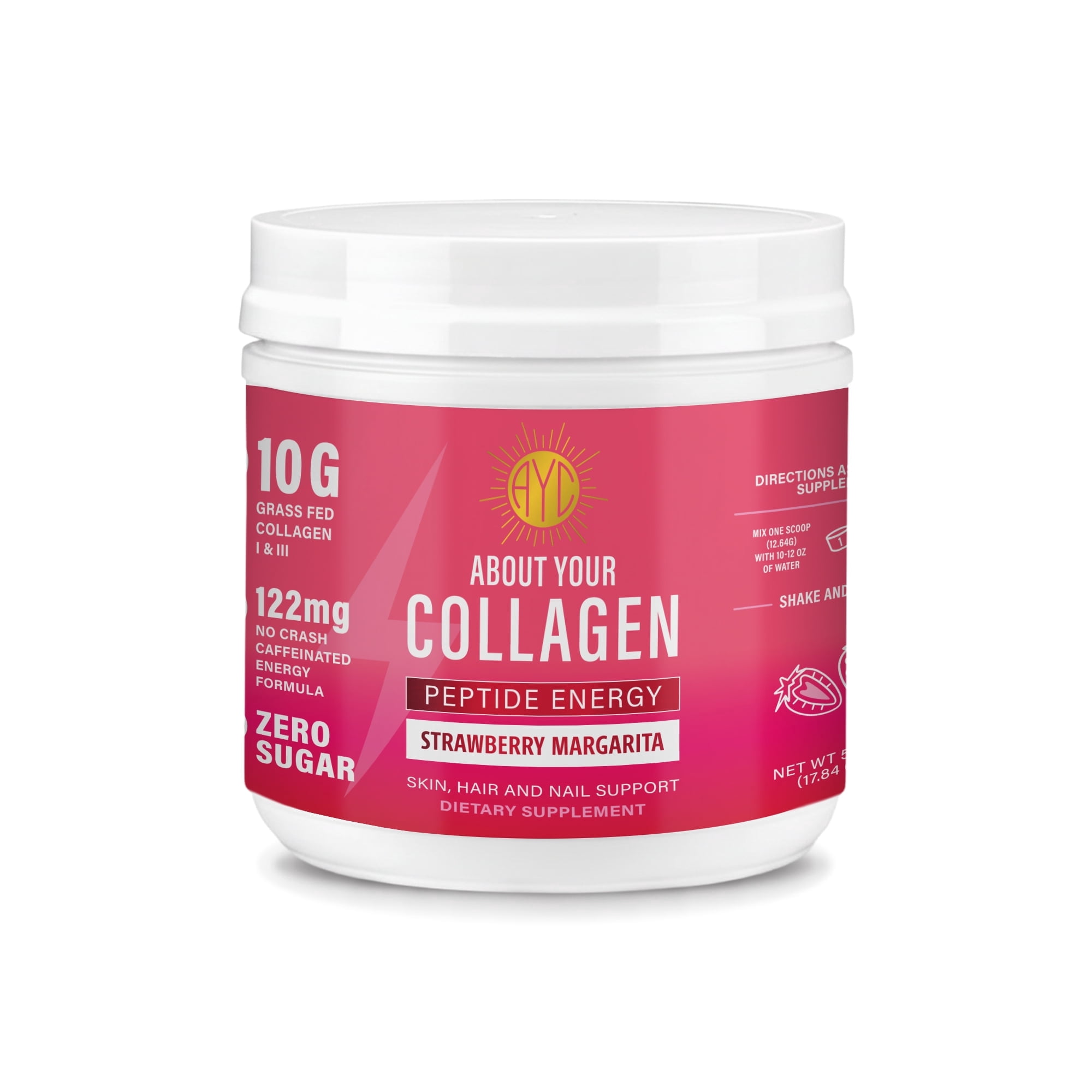 ABOUT YOUR COLLAGEN Peptide Energy Collagen Powder (Bonus Size 40 serv) Hair, Nail, Skin, Type I & III,Caffeine, Vitamin C, Biotin, Hyaluronic Acid, Zero Sugar – 17.84 oz (Strawberry Margarita)