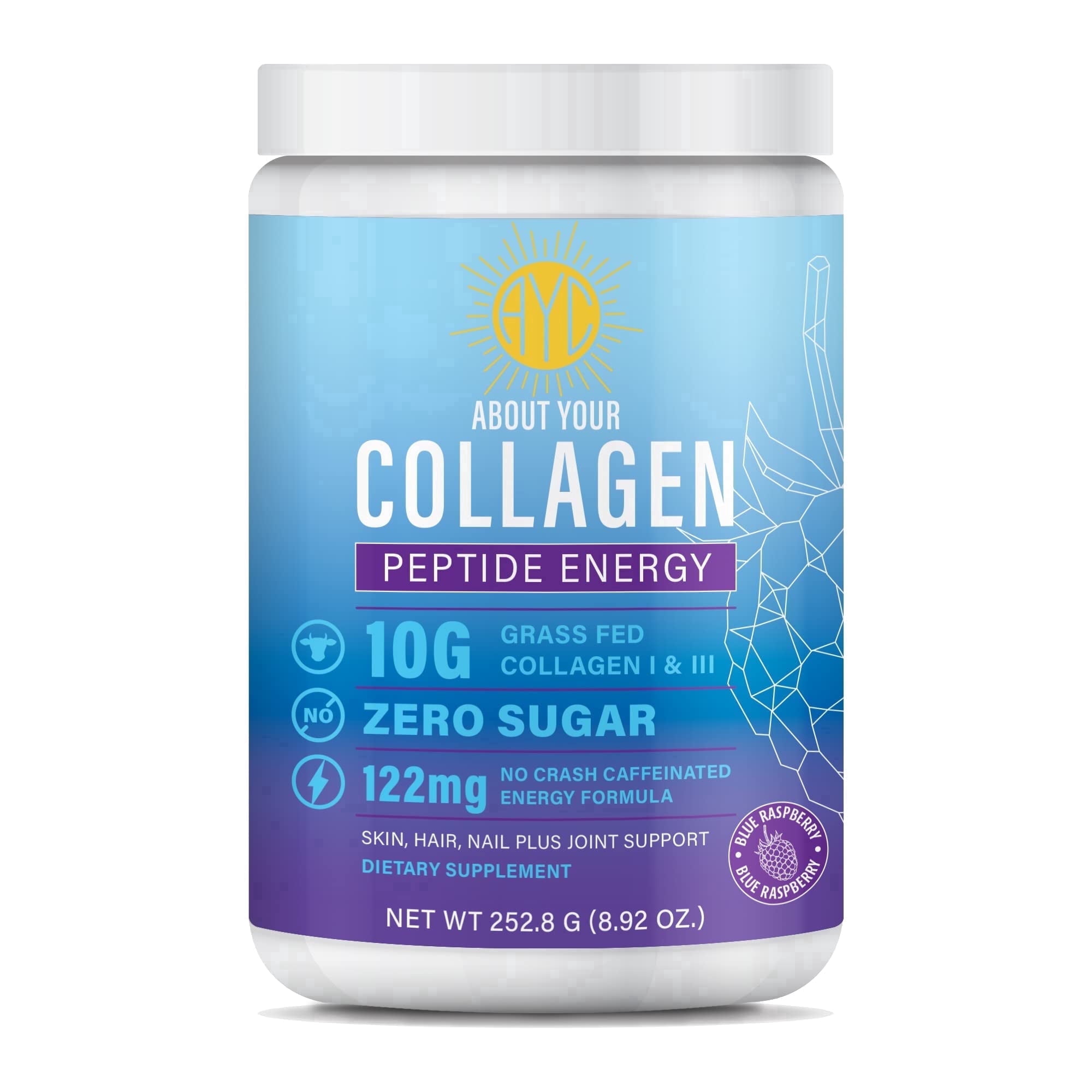 ABOUT YOUR COLLAGEN Peptide Energy Collagen Powder Hair, Nail, Skin, Type I & III,Caffeine for Energy, Vitamin C, Biotin, Hyaluronic Acid, Zero Sugar – 8.92 oz (Blue Raspberry)