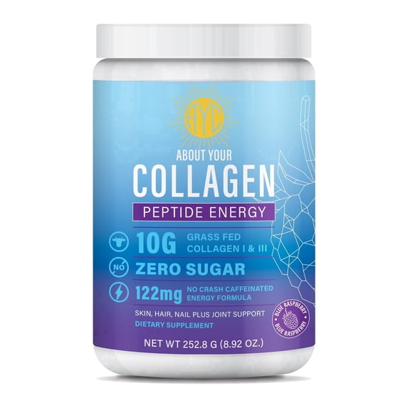 ABOUT YOUR COLLAGEN Peptide Energy Collagen Powder Hair, Nail, Skin, Type I & III,Caffeine for Energy, Vitamin C, Biotin, Hyaluronic Acid, Zero Sugar – 8.92 oz (Blue Raspberry)