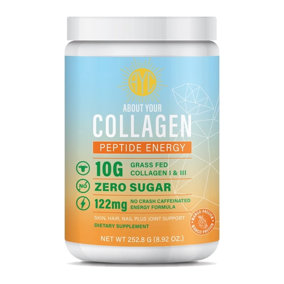 ABOUT YOUR COLLAGEN Peptide Energy Collagen Powder Hair, Nail, Skin, Type I & III,Caffeine for Energy, Vitamin C, Biotin, Hyaluronic Acid, Zero Sugar 8.92 oz (Mango Passion)