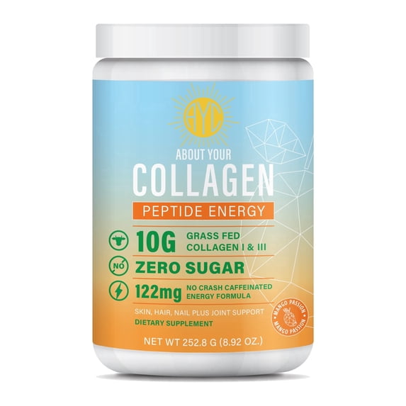 ABOUT YOUR COLLAGEN Peptide Energy Collagen Powder Hair, Nail, Skin, Type I & III,Caffeine for Energy, Vitamin C, Biotin, Hyaluronic Acid, Zero Sugar – 8.92 oz (Mango Passion)