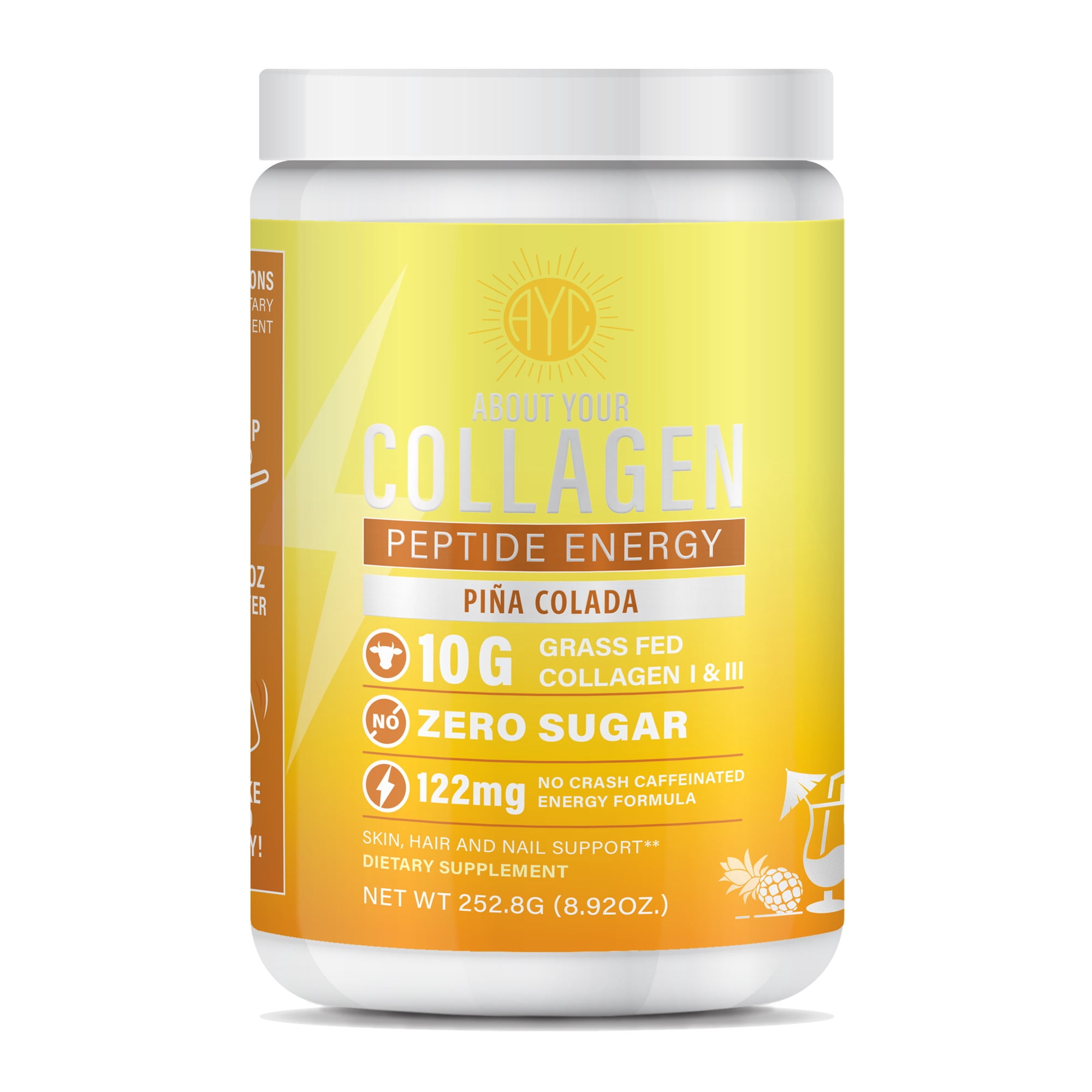 ABOUT YOUR COLLAGEN Peptide Energy Collagen Powder Hair, Nail, Skin, Type I & III,Caffeine for Energy, Vitamin C, Biotin, Hyaluronic Acid, Zero Sugar – 8.92 oz (Pina Colada)