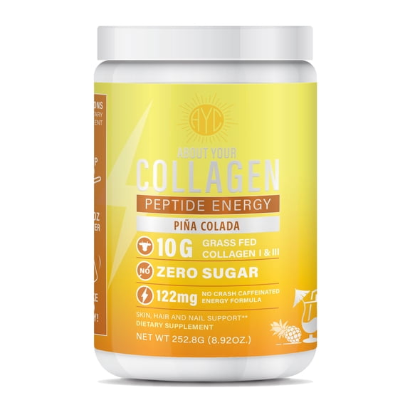 ABOUT YOUR COLLAGEN Peptide Energy Collagen Powder Hair, Nail, Skin, Type I & III,Caffeine for Energy, Vitamin C, Biotin, Hyaluronic Acid, Zero Sugar  8.92 oz (Pina Colada)