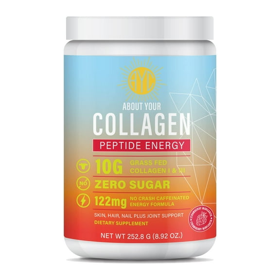 ABOUT YOUR COLLAGEN Peptide Energy Collagen Powder Hair, Nail, Skin, Type I & III,Caffeine for Energy, Vitamin C, Biotin, Hyaluronic Acid, Zero Sugar – 8.92 oz (Strawberry Margarita)