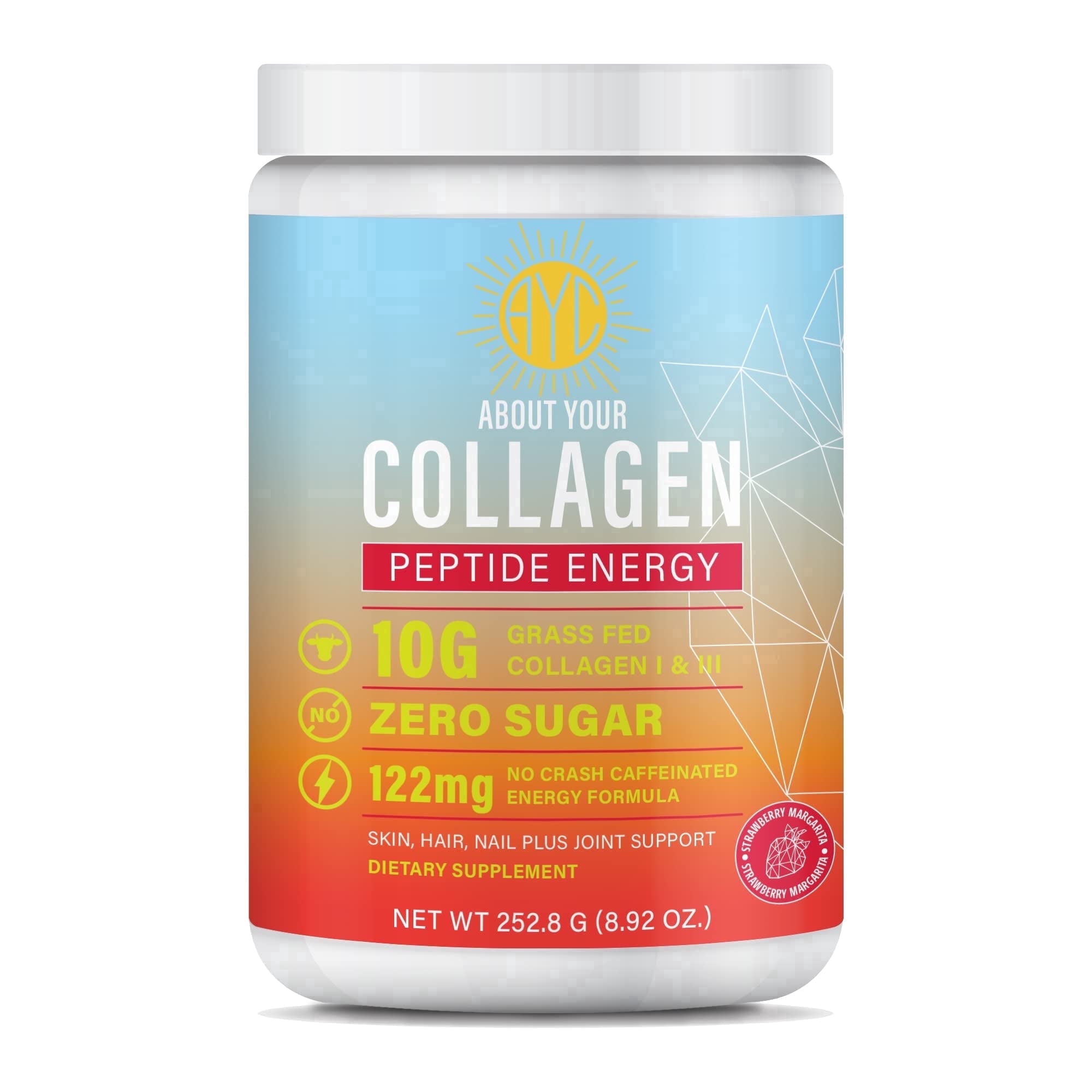 ABOUT YOUR COLLAGEN Peptide Energy Collagen Powder Hair, Nail, Skin, Type I & III,Caffeine for Energy, Vitamin C, Biotin, Hyaluronic Acid, Zero Sugar – 8.92 oz (Strawberry Margarita)