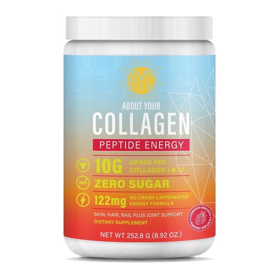 ABOUT YOUR COLLAGEN Peptide Energy Collagen Powder Hair, Nail, Skin, Type I & III,Caffeine for Energy, Vitamin C, Biotin, Hyaluronic Acid, Zero Sugar – 8.92 oz (Strawberry Margarita)