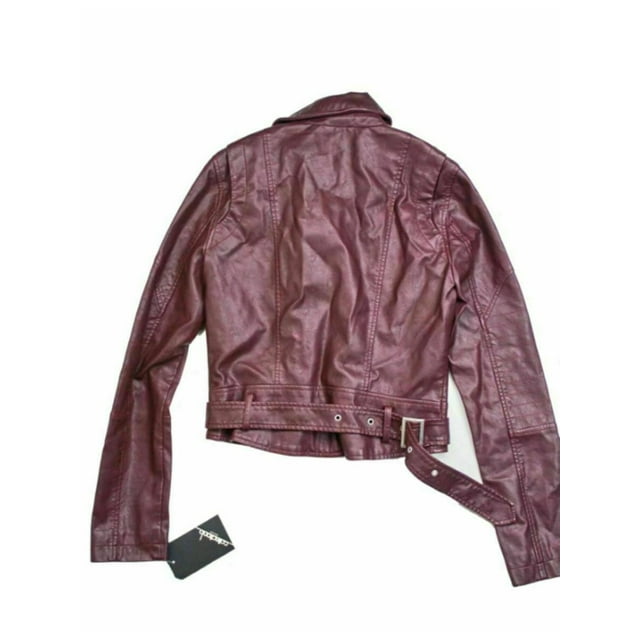 COLLECTIONB Womens Maroon Faux Leather Belted Zippered Motorcycle Coat M