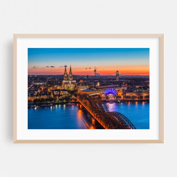 COLOGNE 03 - Cologne North Rhine-Westphalia Germany Photography Cityscape Bridge Cathedral Skyline Night Sky Water Architecture Oak Framed Wall Art Print 5 x 7 inches