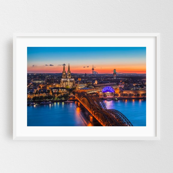 COLOGNE 03 - Cologne North Rhine-Westphalia Germany Photography Cityscape Bridge Cathedral Skyline Night Sky Water Architecture White Framed Wall Art Print 5 x 7 inches
