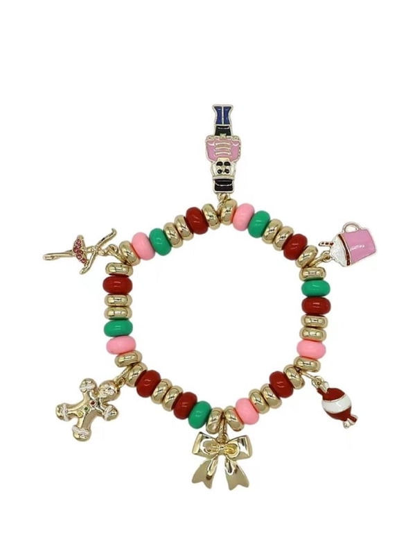 Christmas Multicolor Beaded Stretch Bracelet with Nutcracker, Ballerina, Gingerbread Man, Bow, Candy, and Gift Bag Charms