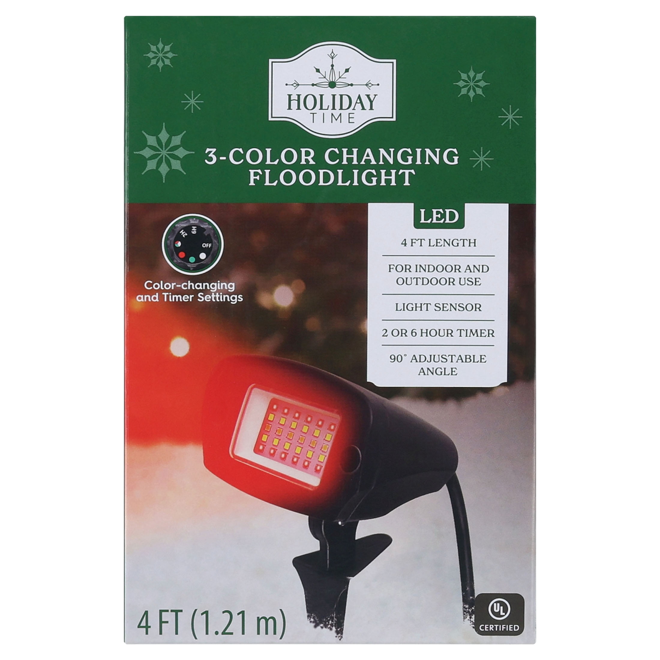 Indoor/Outdoor 3-Color Changing LED Christmas Floodlight, Black, 4', by Holiday Time